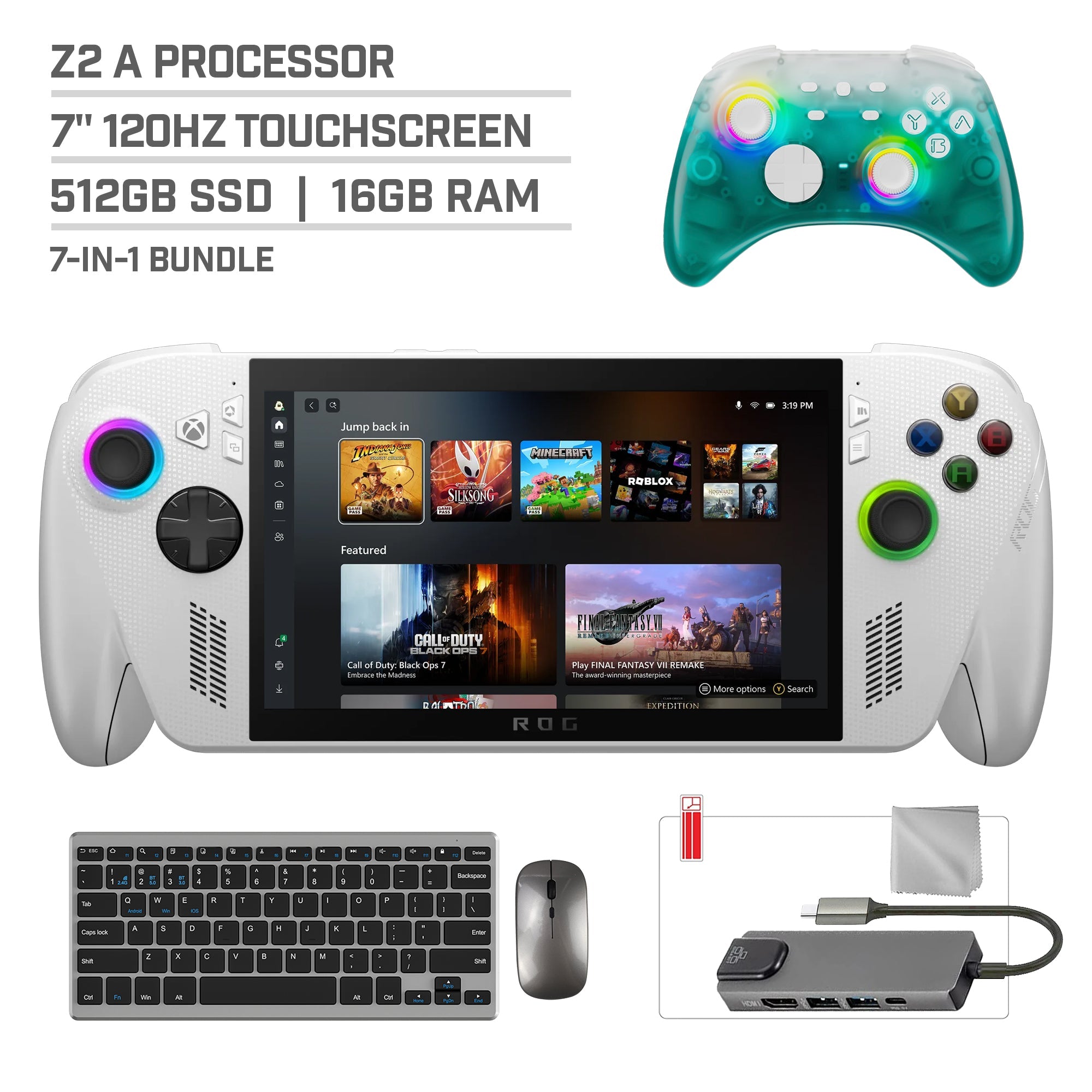 ASUS ROG Xbox Ally 512GB AMD Ryzen Z2 A CPU Gaming Handheld 7-inch Touchscreen 120Hz, Mytrix Black Ice Wireless Pro Controller, Hub, Keyboard & Mouse Combo, 7 in 1 Bundle