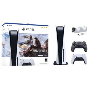 PlayStation 5 Disc Edition FINAL FANTASY XVI Bundle with Two Controllers White and Gray Camouflage DualSense and Mytrix Dual Controller Charger - PS5 Gaming Console