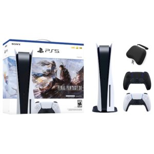 PlayStation 5 Disc Edition FINAL FANTASY XVI Bundle with Two Controllers White and Midnight Black DualSense and Mytrix Hard Shell Protective Controller Case - PS5 Gaming Console