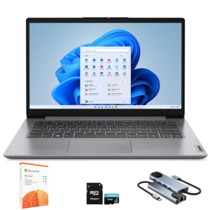 Lenovo IdeaPad 1 1i 14" Laptop with 1-year Microsoft 365, Intel Processor, 4GB RAM, 128GB eMMC + 128GB SSD, SD Card Reader, Privacy Camera, 11 hrs Long Battery Life, with Accessories, Win 11 Pro