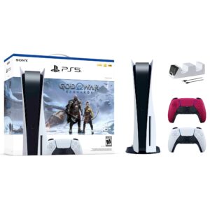 PlayStation 5 Disc Edition God of War Ragnarok Bundle with Two Controllers White and Cosmic Red DualSense and Mytrix Dual Controller Charger