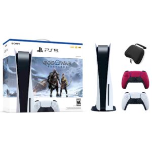 PlayStation 5 Disc Edition God of War Ragnarok Bundle with Two Controllers White and Cosmic Red DualSense and Mytrix Hard Shell Protective Controller Case