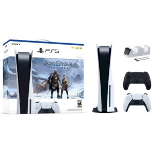 PlayStation 5 Disc Edition God of War Ragnarok Bundle with Two Controllers White and Midnight Black DualSense and Mytrix Dual Controller Charger