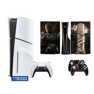 PlayStation 5 Slim Disc Version PS5 Gaming Console, AMD Ryzen Zen 8 Cores CPU 1TB PCIe Gen 4 NVNe SSD with Wireless Controller, Customized Full Body Skins - Wukong Ruyi Jingu Bang - PS5 Disc Slim