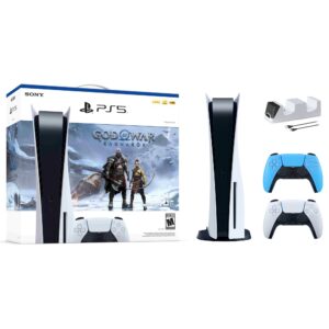 PlayStation 5 Disc Edition God of War Ragnarok Bundle with Two Controllers White and Starlight Blue DualSense and Mytrix Dual Controller Charger