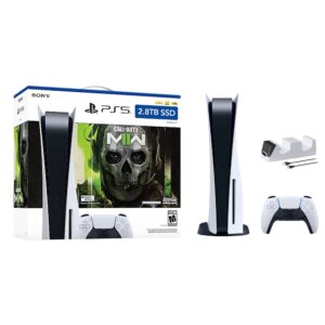 PlayStation 5 Upgraded 2.8TB Disc Edition Call of Duty Modern Warfare II Bundle and Mytrix Controller Charger - White, PS5 Gaming Console