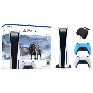 Sony - PlayStation 5 Disc Edition God of War Ragnarok Bundle with Two Controllers White and Starlight Blue DualSense and Mytrix Hard Shell Protective Controller Case