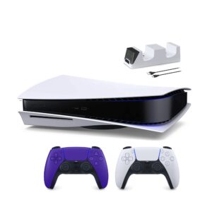 PlayStation 5 Disc Edition with Two Controllers White and Galactic Purple DualSense and Mytrix Dual Controller Charger - PS5 Gaming Console