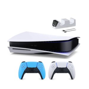 PlayStation 5 Disc Edition with Two Controllers White and Starlight Blue DualSense and Mytrix Dual Controller Charger - PS5 Gaming Console