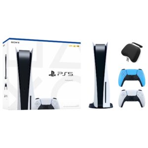 PlayStation 5 Disc Edition with Two Controllers White and Starlight Blue DualSense and Mytrix Hard Shell Protective Controller Case - PS5 Gaming Console