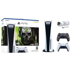 PlayStation 5 Disc Edition Call of Duty Modern Warfare II Bundle with Two Controllers White and Gray Camouflage DualSense and Mytrix Dual Controller Charger