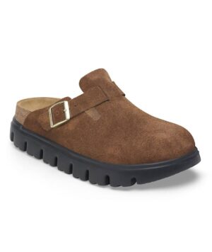 Unisex Boston Chunky Suede Leather Narrow Fit Clogs In Dark Tea Black