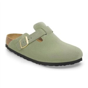 Unisex Boston Suede Narrow Leather Clogs In Green Tea