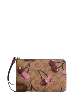 Coach Corner Zip Wristlet In Signature Canvas With Cherry Print