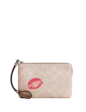 Coach Corner Zip Wristlet In Signature Canvas With Lips Print