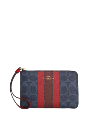 Coach Corner Zip Wristlet In Signature Canvas With Varsity Stripe
