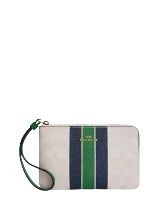 Coach Corner Zip Wristlet In Signature Canvas With Varsity Stripe