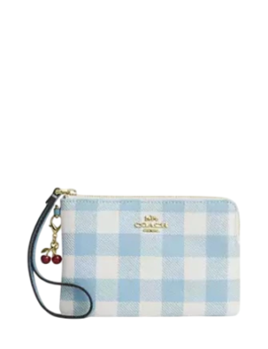 Coach Corner Zip Wristlet With Gingham Print And Charm