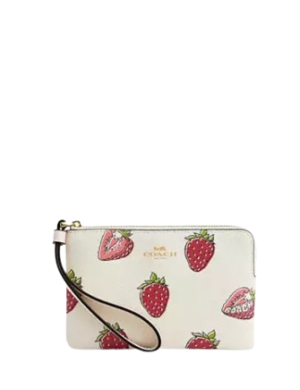 Coach Corner Zip Wristlet With Strawberry Print