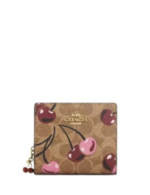 Coach Snap Wallet In Signature Canvas With Cherry Print
