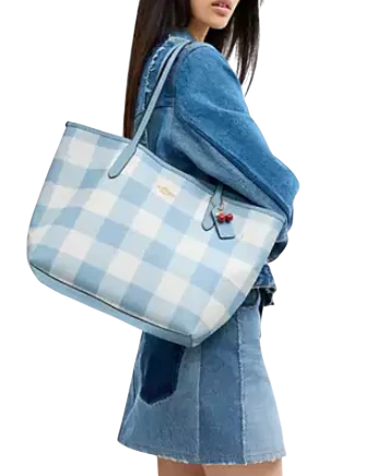 Coach City Tote Bag With Gingham Print And Charm - Image 4