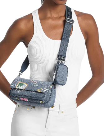 Michael Michael Kors Jet Set Travel Small Embellished Denim Crossbody Bag With Pouch - Image 3