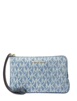Michael Michael Kors Jet Set Travel Small Signature Logo Print Denim Wristlet