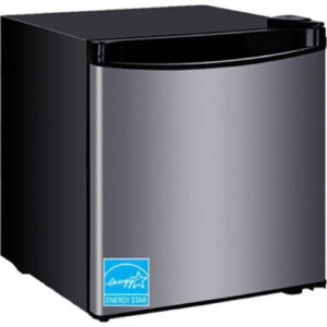 1.6 Cubic Foot Manual Defrost Mini Refrigerator with Chiller Compartment and Can Dispenser with Black Cabinet and Stainless Steel Door