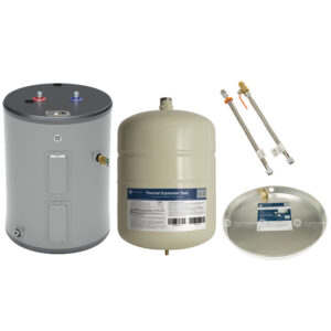 18 Gallon 5,500 Watt Low Boy Water Heater with 2.1 Gal Water Expansion Tank with Water Heater Hoses and Drip Pan