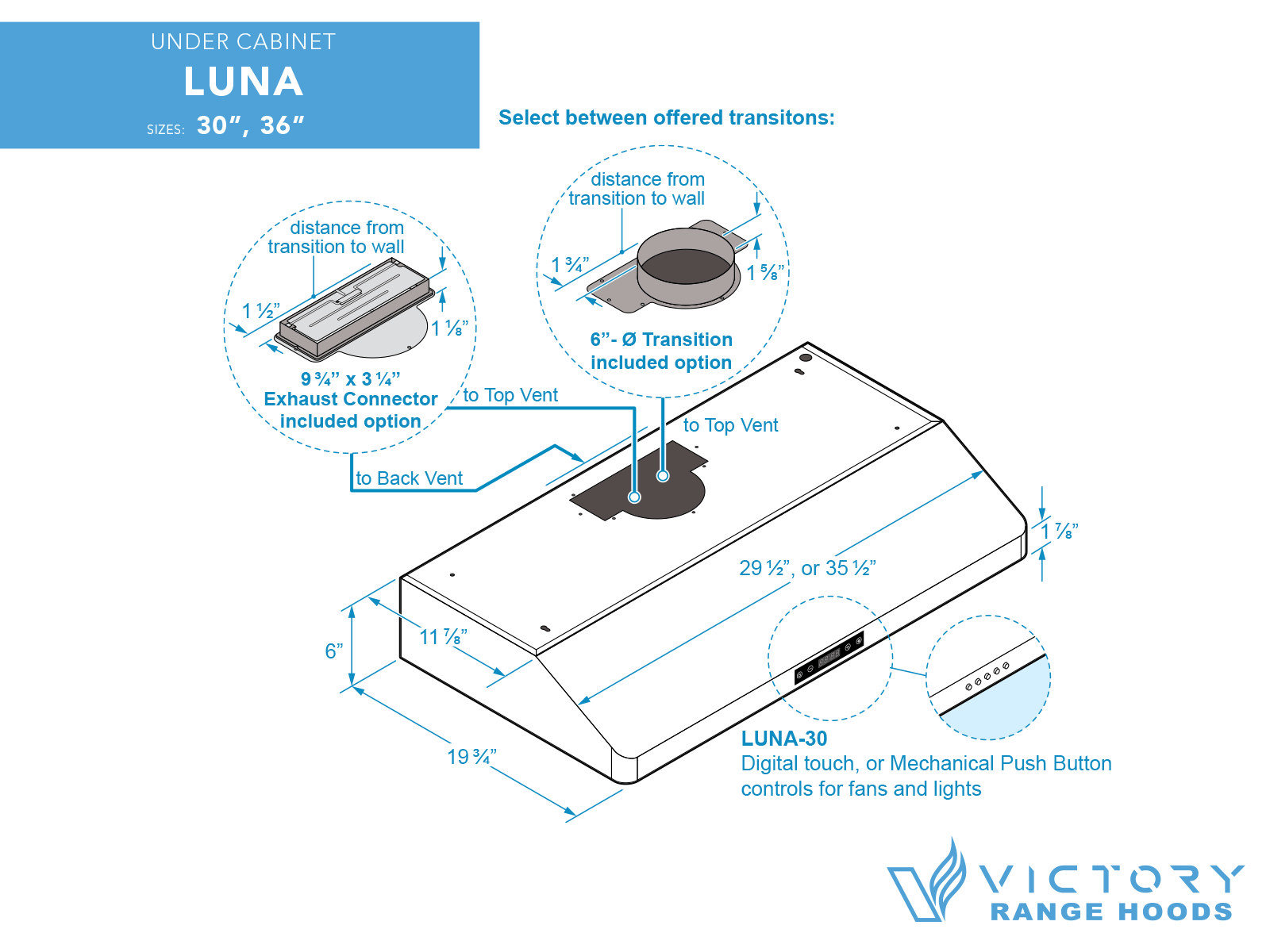 30" 600 CFM Under Cabinet Range Hood with Push Button Controls - VICTORY Luna - Image 8