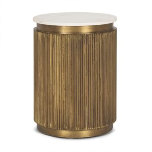 22" White and Gold Stone and Brass Round Block End Table